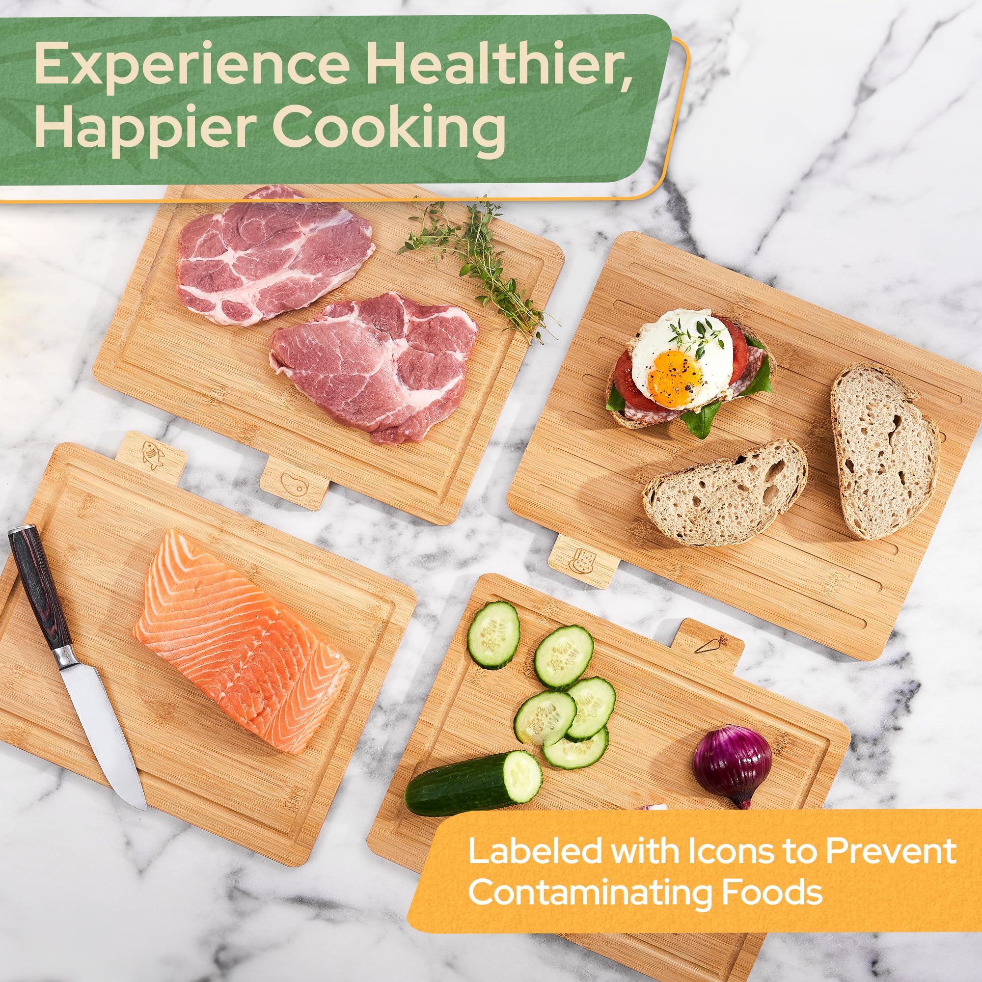 Bamboo Cutting Board Set - 4 Chopping Boards With Holder. Kitchen